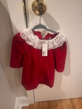 Janie and Jack Red Velvet Dress Top with White Lace Collar